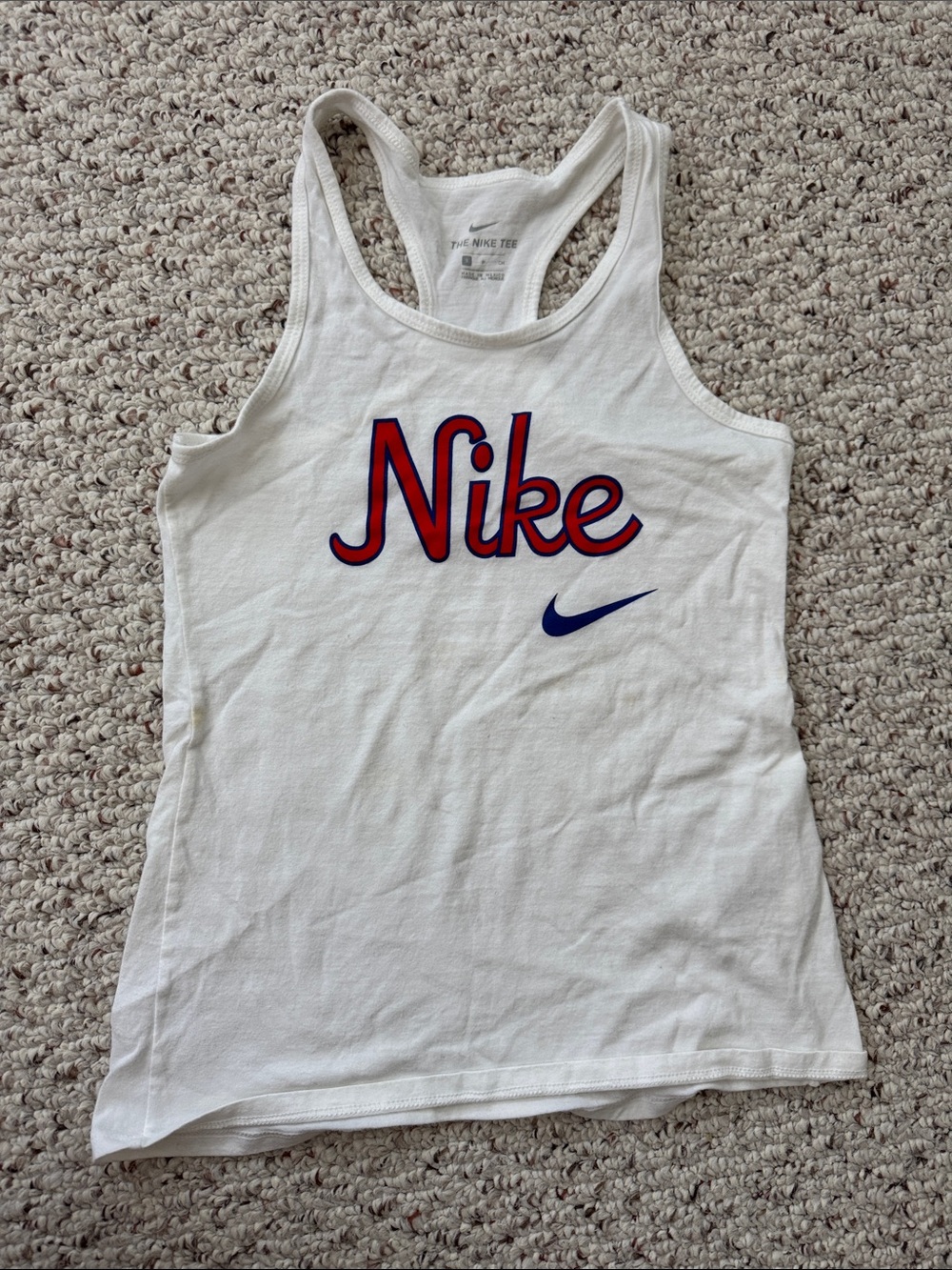 Nike White Racerback Tank with Red Script & Navy Swoosh
